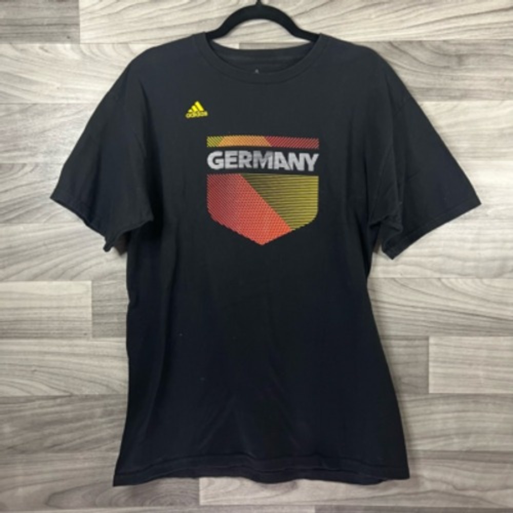 Adidas Womens Graphic T-Shirt Top Black Short Sleeve Crew Neck Germany Cotton‎ L